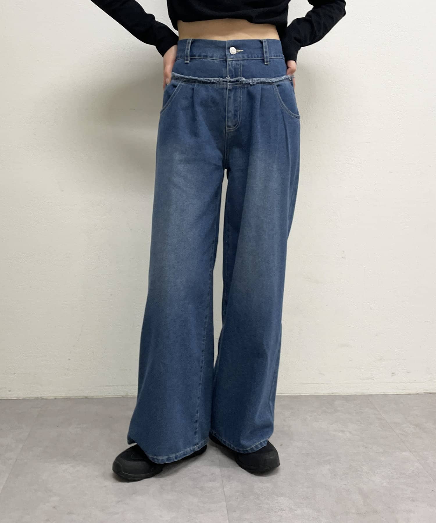 -goocy-(グーシー) ウエストフリンジタックワイドデニム
